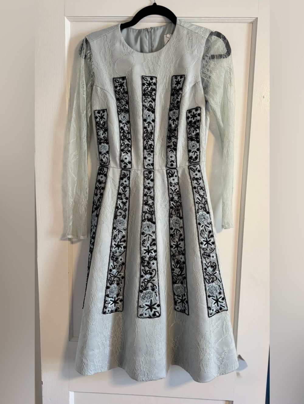 MIRI Light Blue Lace Fit-and-Flare Dress with Black Beaded Panels